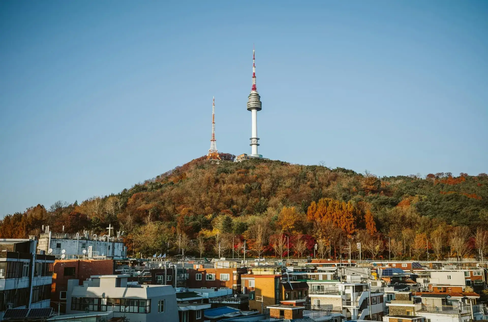 La tour Namsan sur sa colline boisée aux couleurs d'automne, au-dessus des toits de Séoul