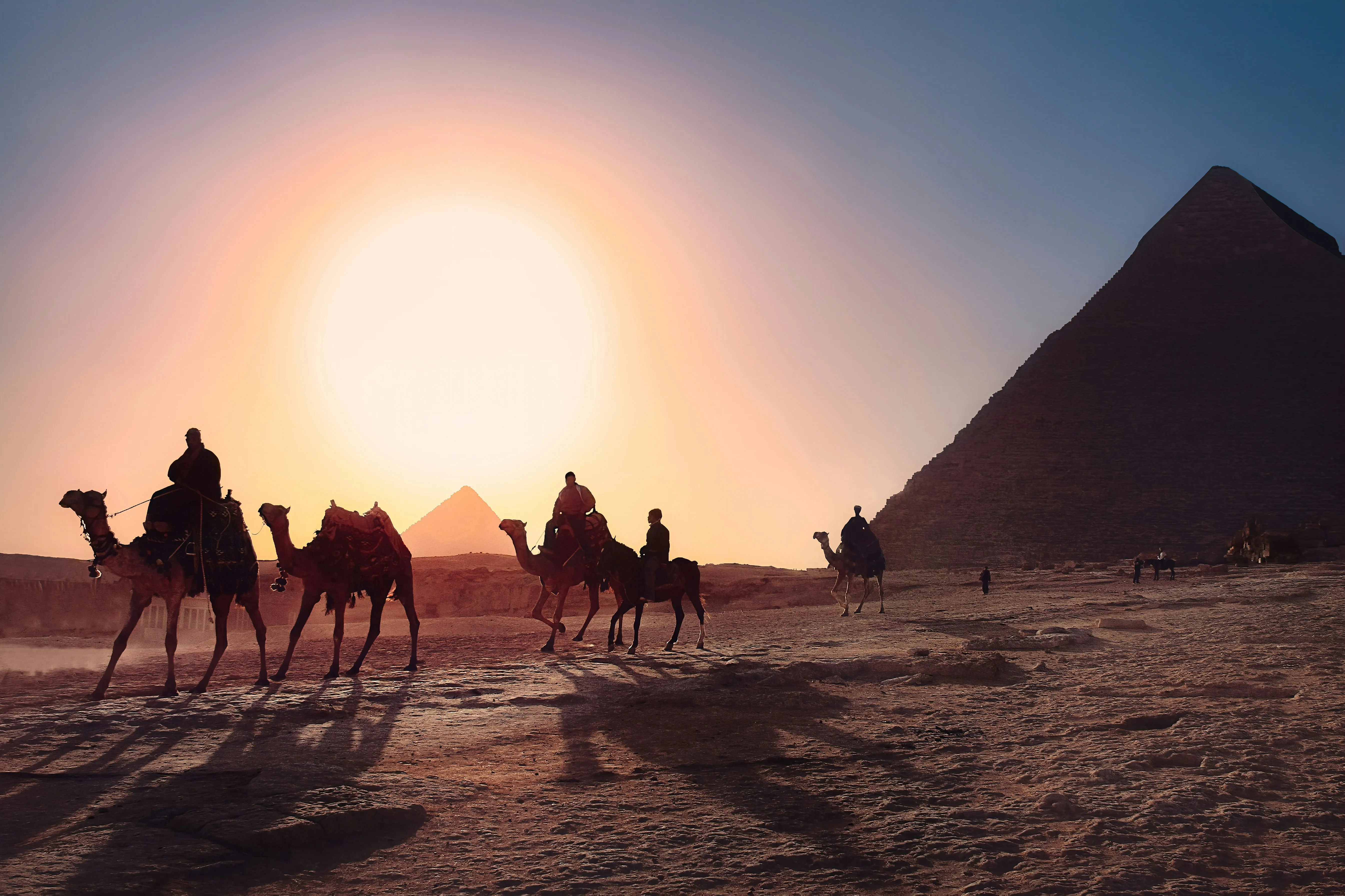 Caravane de dromadaires passant devant les pyramides de Gizeh dans le soleil couchant